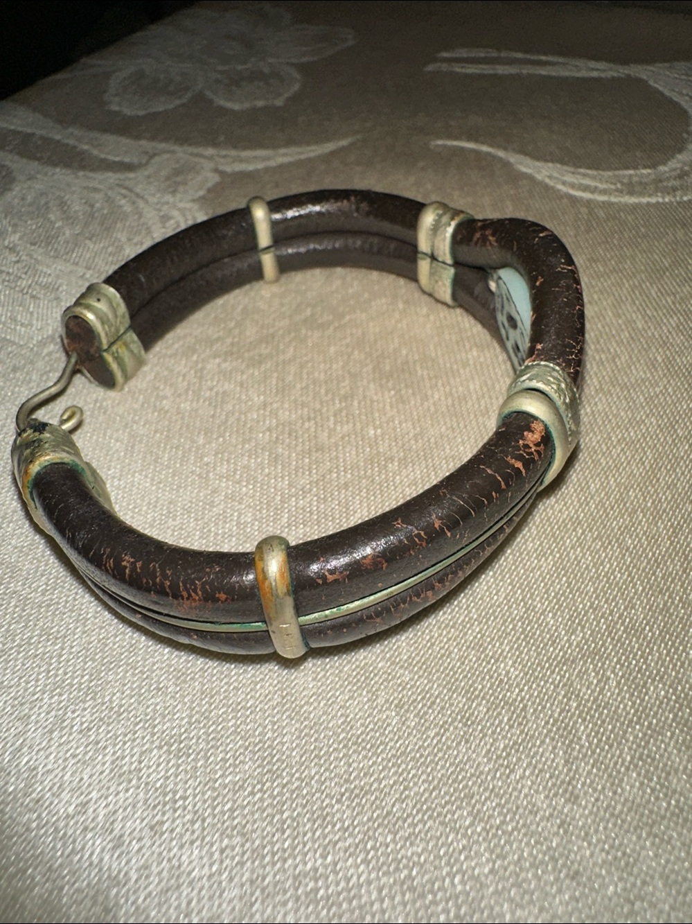 1970s Egyptian Leather Brass Scarab Turquoise Clay Vintage Bracelet - Picture 2 of 3
